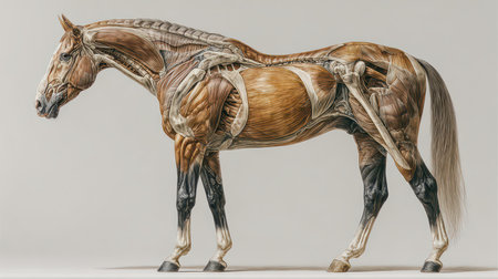 This illustration offers a striking view of horse anatomy, highlighting muscles and bones in detail. It serves as an educational resource for understanding equine structure.の素材