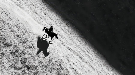 Aerial view of a lone rider on a horse traversing a serene landscape. The black and white image captures the beauty of nature and the bond between horse and rider.の素材