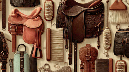 Explore a captivating display of horse riding gear, showcasing meticulously crafted saddles and grooming tools. Perfect for equestrian enthusiasts and horse lovers.の素材