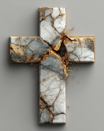 A stunning cracked marble cross featuring delicate gold accents set against a soft grey background. This artwork symbolizes faith and resilience with striking detail.の素材