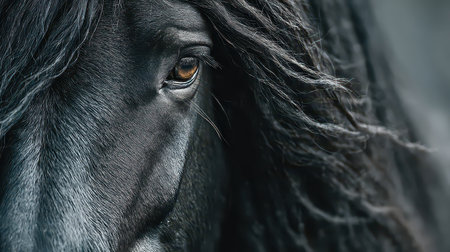 Close-up view of a majestic black horse, showcasing its striking eye and flowing mane. This portrait captures the beauty and elegance of nature in stunning detail.の素材
