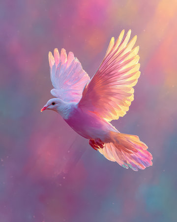 A stunning bird glides through a colorful sky, showcasing its translucent wings. The ethereal background enhances the sense of freedom and beauty in nature.の素材