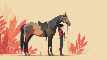 A girl stands peacefully beside her horse amidst a vibrant landscape. The serene connection between them highlights the beauty of nature and companionship.の素材