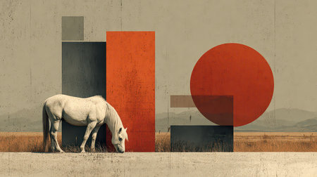 A serene image of a white horse grazing near geometric shapes in a desert landscape. The blend of natural and abstract elements creates a unique visual experience.の素材