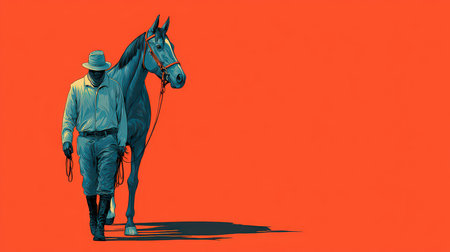 A cowboy walks confidently with a horse against a vibrant red background, showcasing the strong bond between human and animal in a striking outdoor setting.の素材