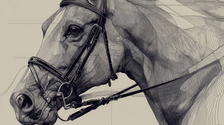 This image features an intricate line art illustration of a horse's head, showcasing its majestic features and elegant lines. The artwork combines artistry and equine beauty.の素材