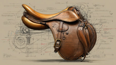 A beautiful brown leather saddle highlighted against a technical blueprint, showcasing the intricate design and craftsmanship inherent in equestrian gear. Perfect for art and design presentations.の素材