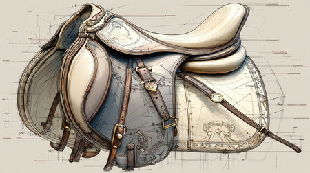 This elegant saddle design showcases intricate craftsmanship and technical drawings, blending traditional artistry with modern creativity, perfect for equestrian enthusiasts.の素材
