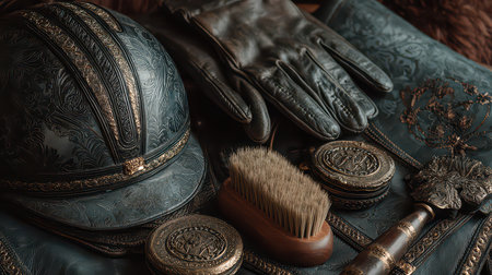 Immerse in the elegance of vintage equestrian equipment featuring gloves, brush, and luxurious leather textures, showcasing timeless craftsmanship and style.の素材