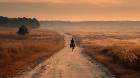A tranquil scene capturing a lone rider on a dirt path at sunrise, surrounded by open fields and soft morning light. The atmosphere evokes peace and solitude.の素材