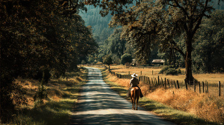 A lone rider on horseback traverses a tranquil country road, surrounded by lush trees and golden fields. This serene landscape evokes peace and adventure.の素材