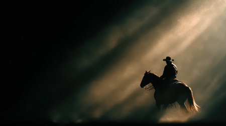 A striking silhouette of a cowboy on a majestic horse captured in dramatic light and shadow. The scene evokes feelings of tranquility, freedom, and adventure in a serene landscape.の素材