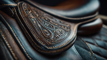 This close-up image showcases the intricate craftsmanship of a leather saddle, highlighting ornate designs, fine stitching, and luxurious textures, perfect for equestrian enthusiasts.の素材