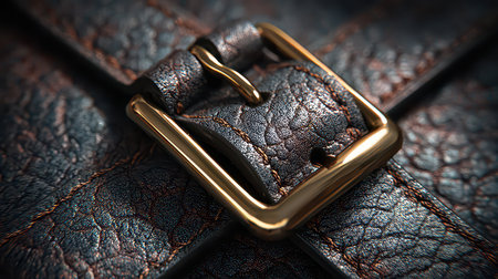 A stunning close-up shot showcasing the intricate texture of leather contrasted with a stylish gold buckle. Perfect for fashion and accessory themes.の素材