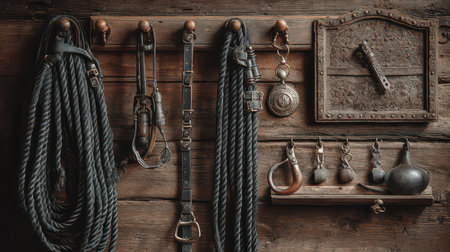 A collection of vintage leather tack and tools displayed on a rustic wooden wall, showcasing intricate craftsmanship and rich textures, perfect for equestrian lovers.の素材