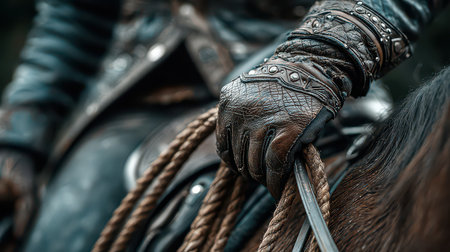 A detailed shot capturing a leather glove gripping a rope while riding a horse. The image reflects the essence of equestrian adventure and craftsmanship.の素材