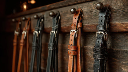 Explore a collection of leather belts displayed elegantly on a wooden rack, showcasing craftsmanship and diverse colors, perfect for enhancing any wardrobe style.の素材