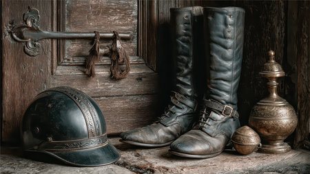 Discover a vintage collection of military boots and helmet resting on a wooden surface. This image showcases aged artifacts with historical significance, perfect for enthusiasts.の素材