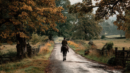 A picturesque autumn landscape featuring a lone rider on horseback navigating a tranquil path surrounded by vibrant foliage. The scene captures serenity and a deep connection with nature.の素材