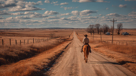 A solitary cowboy rides along a dusty dirt road surrounded by open fields and distant clouds. The warm tones evoke a sense of adventure and tranquility.の素材