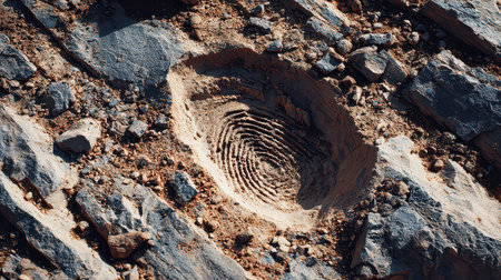 A close-up view of a unique natural imprint in rocky terrain, showcasing intricate details and textured patterns. Ideal for nature and geology enthusiasts.の素材