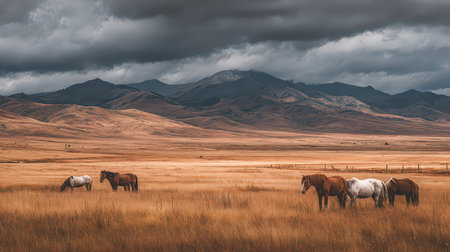 A breathtaking view of horses grazing in a vast meadow surrounded by majestic mountains under a dramatic sky, capturing the essence of serenity in nature.の素材