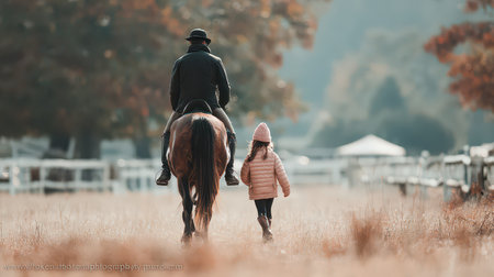 A heartwarming scene depicting a child walking alongside an adult on horseback in a picturesque autumn landscape, showcasing playful companionship and nature's beauty.の素材