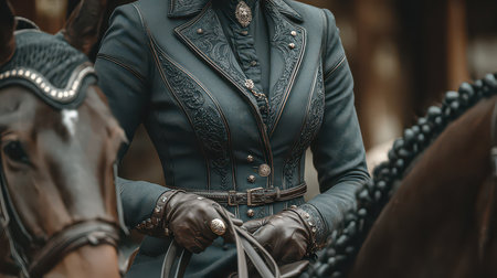 A poised equestrian rider showcases intricate attire while holding reins, reflecting elegance and tradition in the equine sport. Perfect for animal and fashion themes.の素材