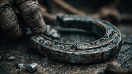 A rusty horseshoe lies on a textured wooden surface, accompanied by a hand and various tools. The image embodies craftsmanship and history in a workshop setting.の素材
