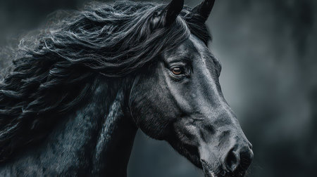 This stunning portrait captures a black horse with a flowing mane, exuding strength and elegance in a dramatic setting. Perfect for nature and animal lovers.の素材