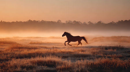 A stunning silhouette of a horse galloping through a misty field at sunrise. The golden hues and soft fog create a serene and peaceful atmosphere in nature.の素材