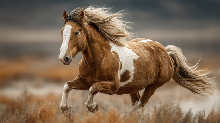 A stunning horse galloping through a golden grassland, showcasing its grace and strength. The dramatic sky adds to the beauty of this wild moment in nature.の素材