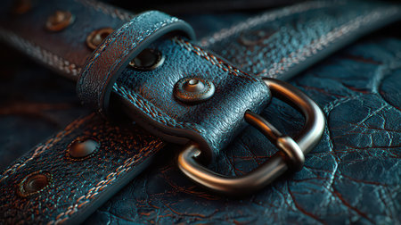 A detailed close-up image showcasing a dark leather belt featuring a metal buckle and rivets. The image highlights texture and craftsmanship in fashion accessories.の素材