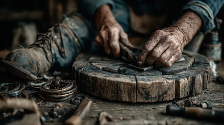 This image showcases skilled craftsmanship in a rustic workshop, highlighting hands working on detailed wood and metal projects. The atmosphere resonates with dedication and tradition.の素材