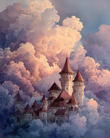 This stunning image showcases an enchanted castle nestled among wispy clouds during a vibrant sunset, evoking a dreamlike atmosphere perfect for fantasy themes.の素材