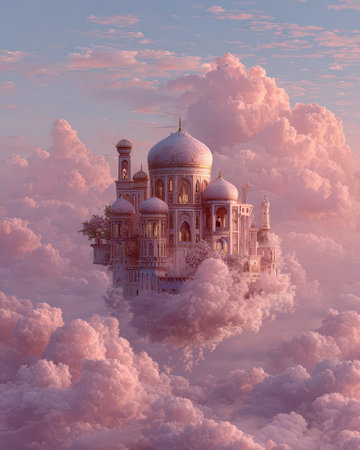 A breathtaking floating castle set amidst soft pink clouds, illuminated by the warm tones of sunset, creating a serene and magical atmosphere, perfect for dreamers.の素材