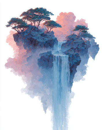 This vibrant digital artwork features a majestic waterfall cascading from a floating island adorned with lush trees and dreamy clouds, creating a serene and imaginative landscape.の素材