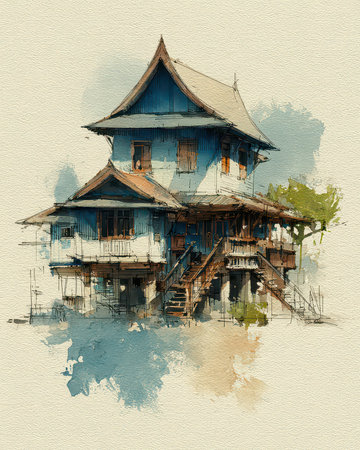 An artistic illustration of a vintage house with a unique design. This watercolor sketch captures intricate details, making it ideal for creative projects.の素材