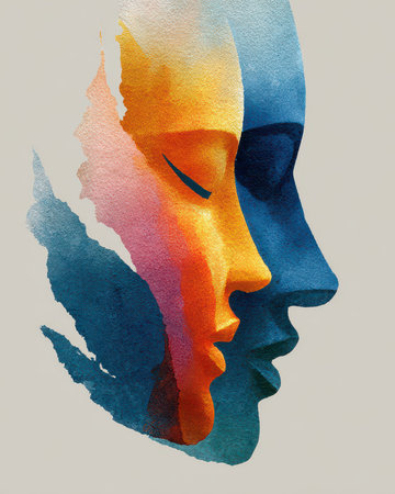 This captivating watercolor artwork features abstract human faces in profile, showcasing a harmonious blend of vibrant colors and soft textures. Perfect for modern decor.の素材