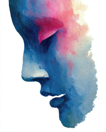 A stunning abstract watercolor portrait showcasing a female profile in striking blues and soft pinks. Perfect for artistic projects, this piece radiates emotion and creativity.の素材