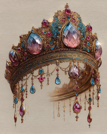 A stunning golden crown adorned with colorful gemstones, showcasing intricate designs and luxury. Ideal for fashion, royalty, and elegance-themed projects.の素材