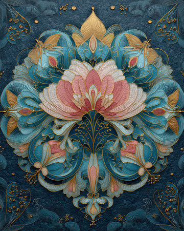 This stunning artwork showcases an intricate floral design featuring blue and pink hues with elegant gold accents, perfect for any decorative project.の素材