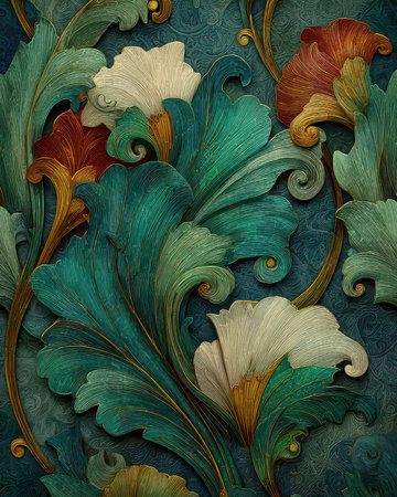 This intricate floral pattern features elegant leaves and vibrant blossoms. The design showcases rich textures and colors, perfect for sophisticated decor.の素材
