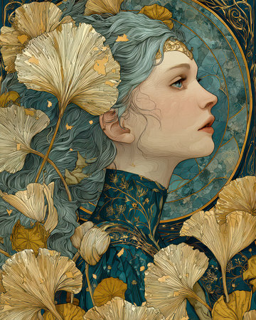 This captivating portrait features an elegant woman adorned with golden ginkgo leaves, reflecting themes of beauty and nature in a mesmerizing artistic style.の素材