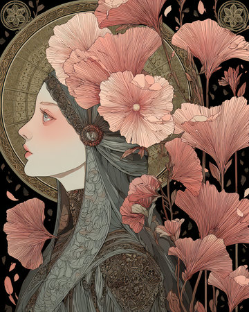 This stunning illustration features an elegant woman in profile adorned with pink flowers. The intricate patterns and delicate details create a serene and artistic atmosphere, perfect for creative projects.の素材