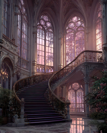 A stunning grand staircase bathed in soft, natural light, showcasing elegant architecture. The tranquil atmosphere invites admiration of its ornate details and lush surroundings.の素材
