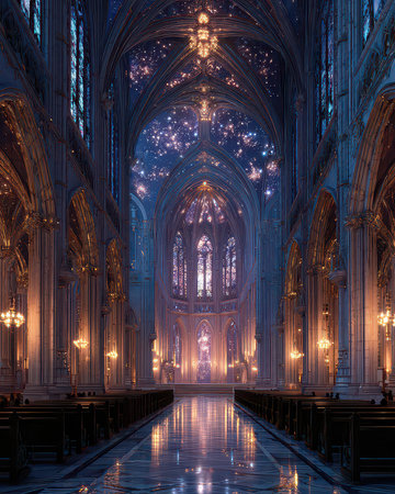 Explore a majestic cathedral interior adorned with ethereal lighting and a captivating starry sky. This serene space invites reflection and worship in a timeless setting.の素材