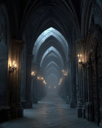 Explore a serene and mysterious gothic hallway featuring majestic arches and soft lighting that creates an enchanting atmosphere. Ideal for fantasy themes.の素材