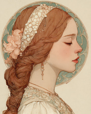 This elegant profile showcases a young woman adorned with intricate braids and soft flowers. The delicate color palette creates a serene and artistic atmosphere.の素材