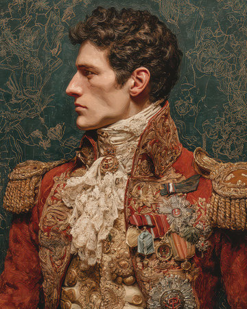 A striking military portrait showcasing intricate details and vibrant textures, reflecting historical elegance and nobility through ornate decorations and rich colors.の素材